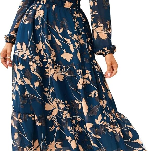 Women’s Navy Floral V-Neck Maxi Dress - Flowy, Stylish, Wedding Guest Essential - Picture 1 of 6
